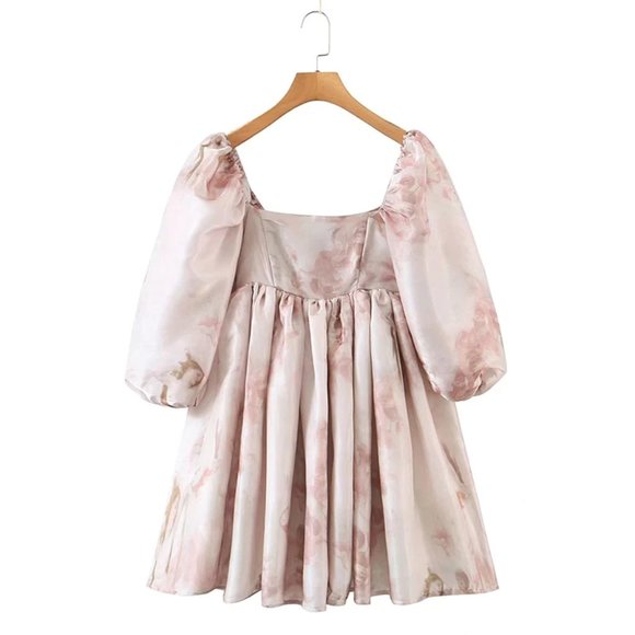 Renaissance art print puff sleeve babydoll dress - Picture 1 of 5